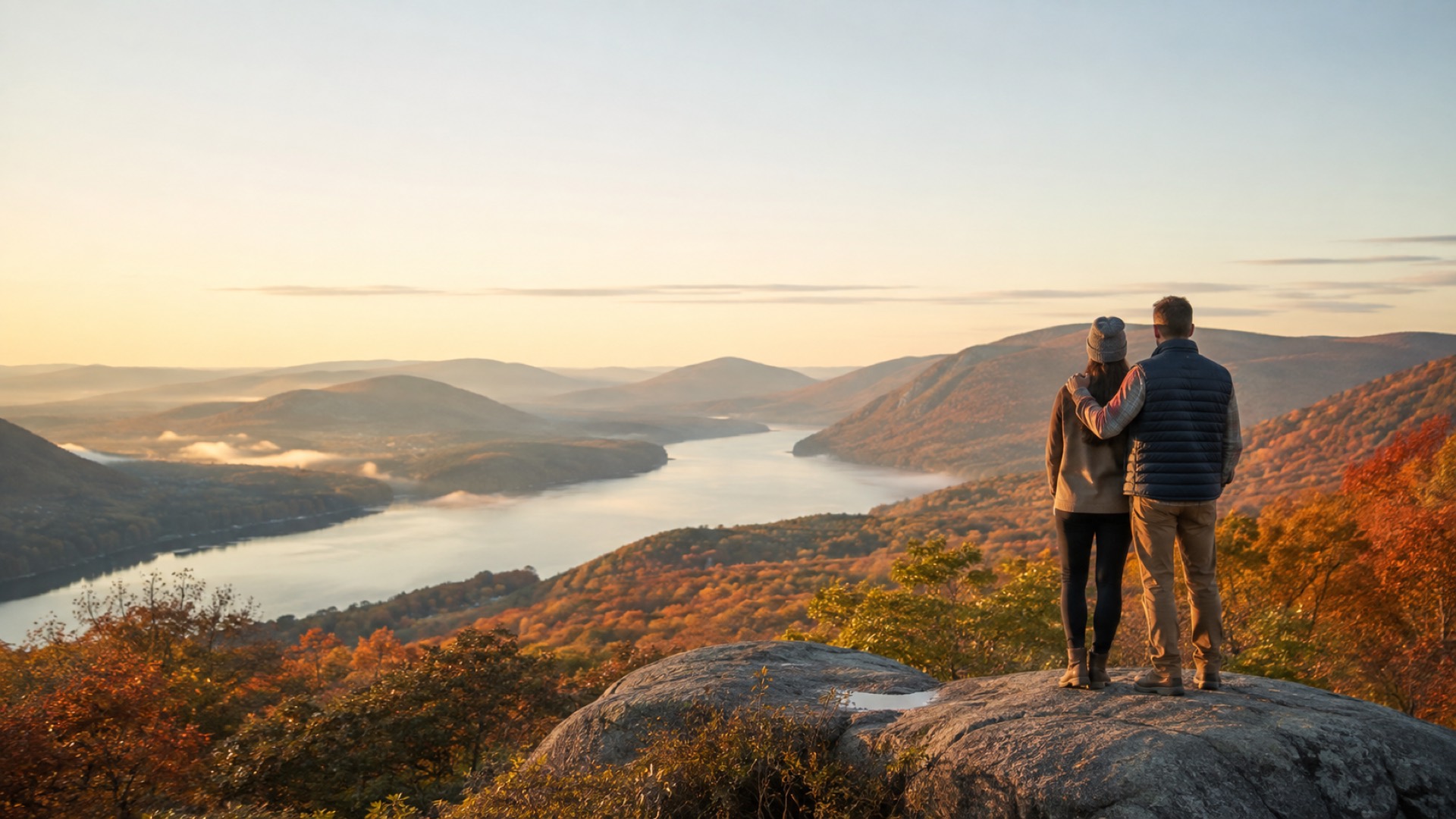 Travelers overlooking a river and autumn-colored hills
