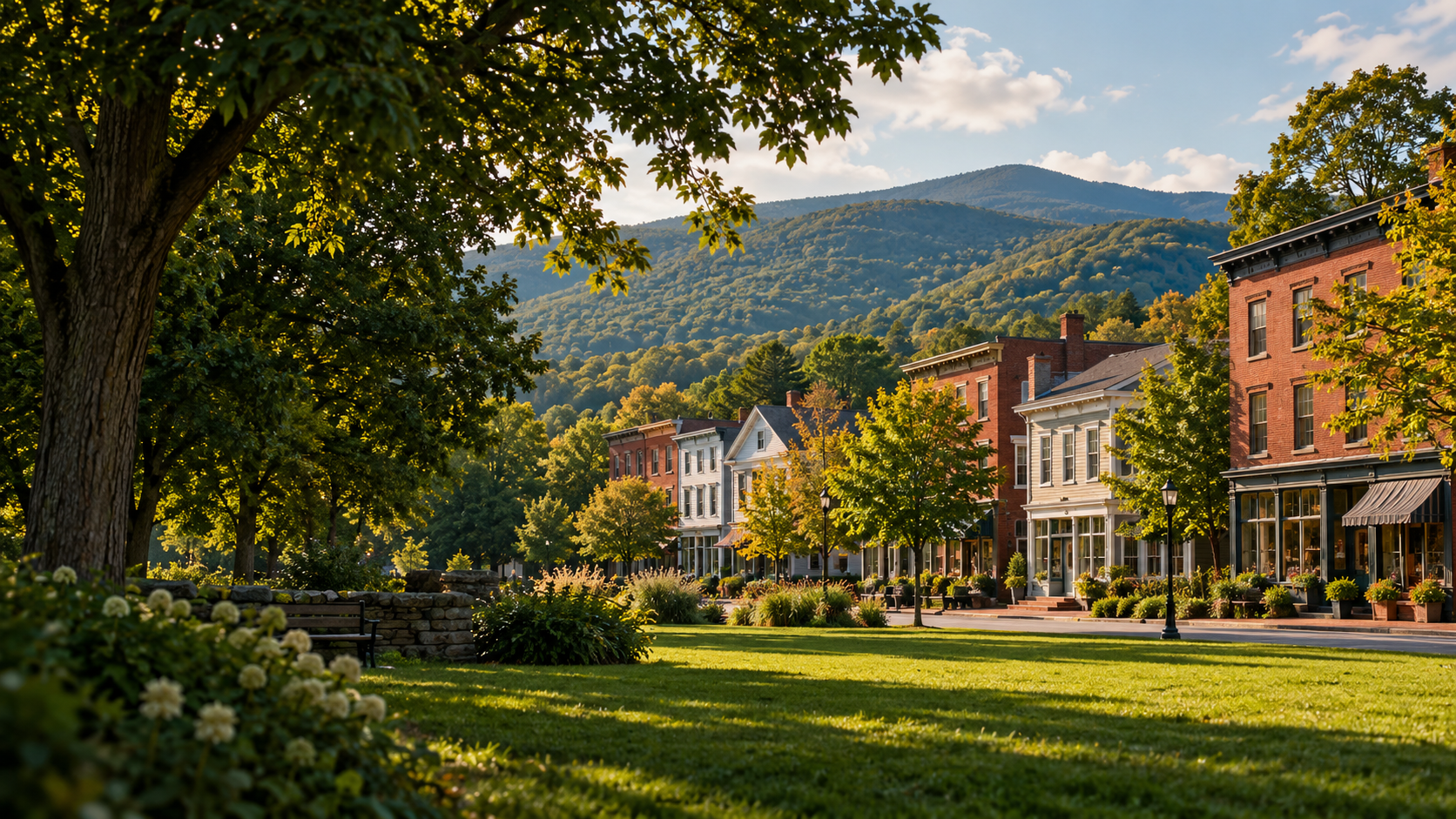 AI-created illustration inspired by Ulster County village streets and wooded mountains