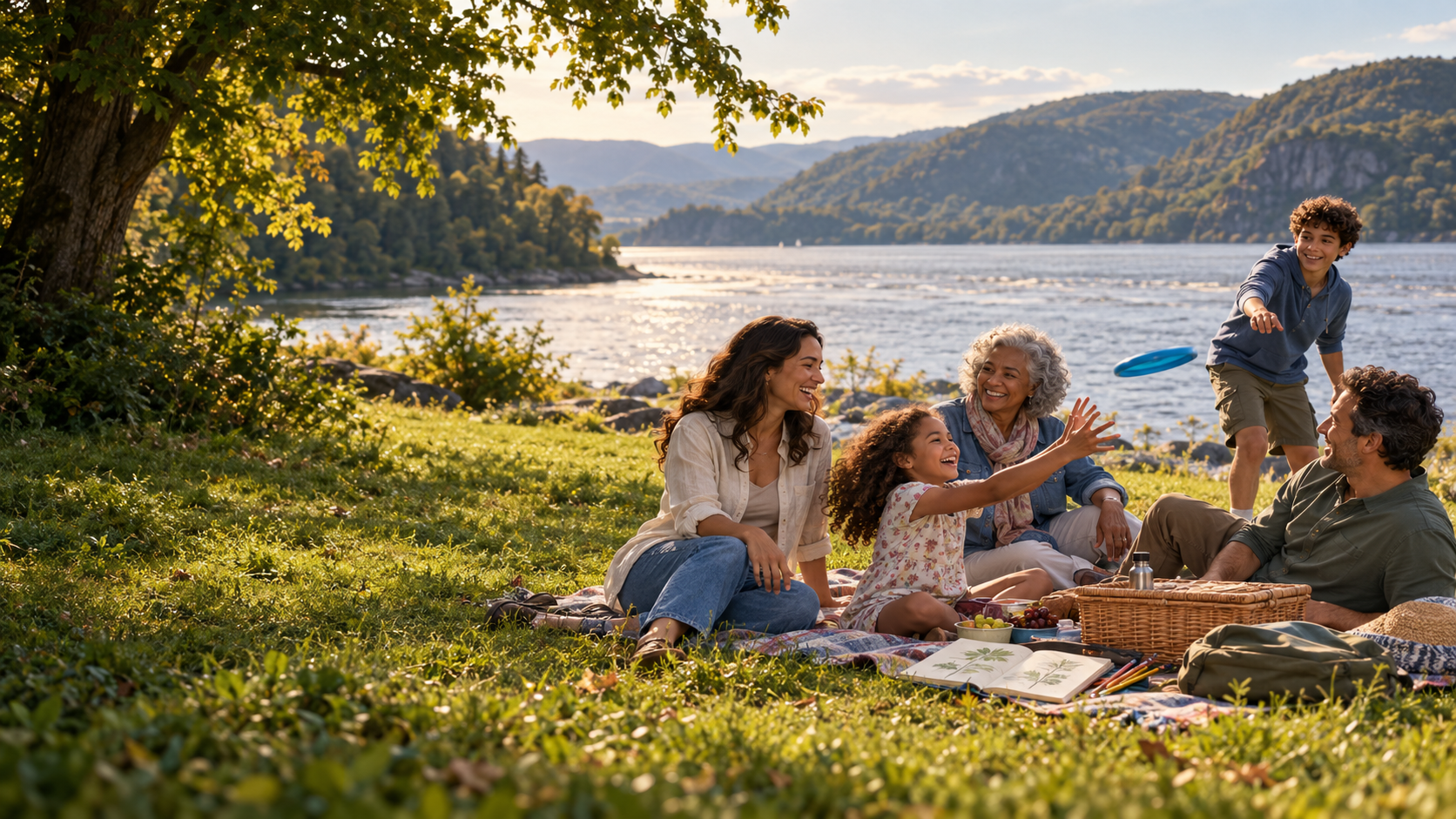 AI-created illustration of a multigenerational family enjoying a riverside picnic