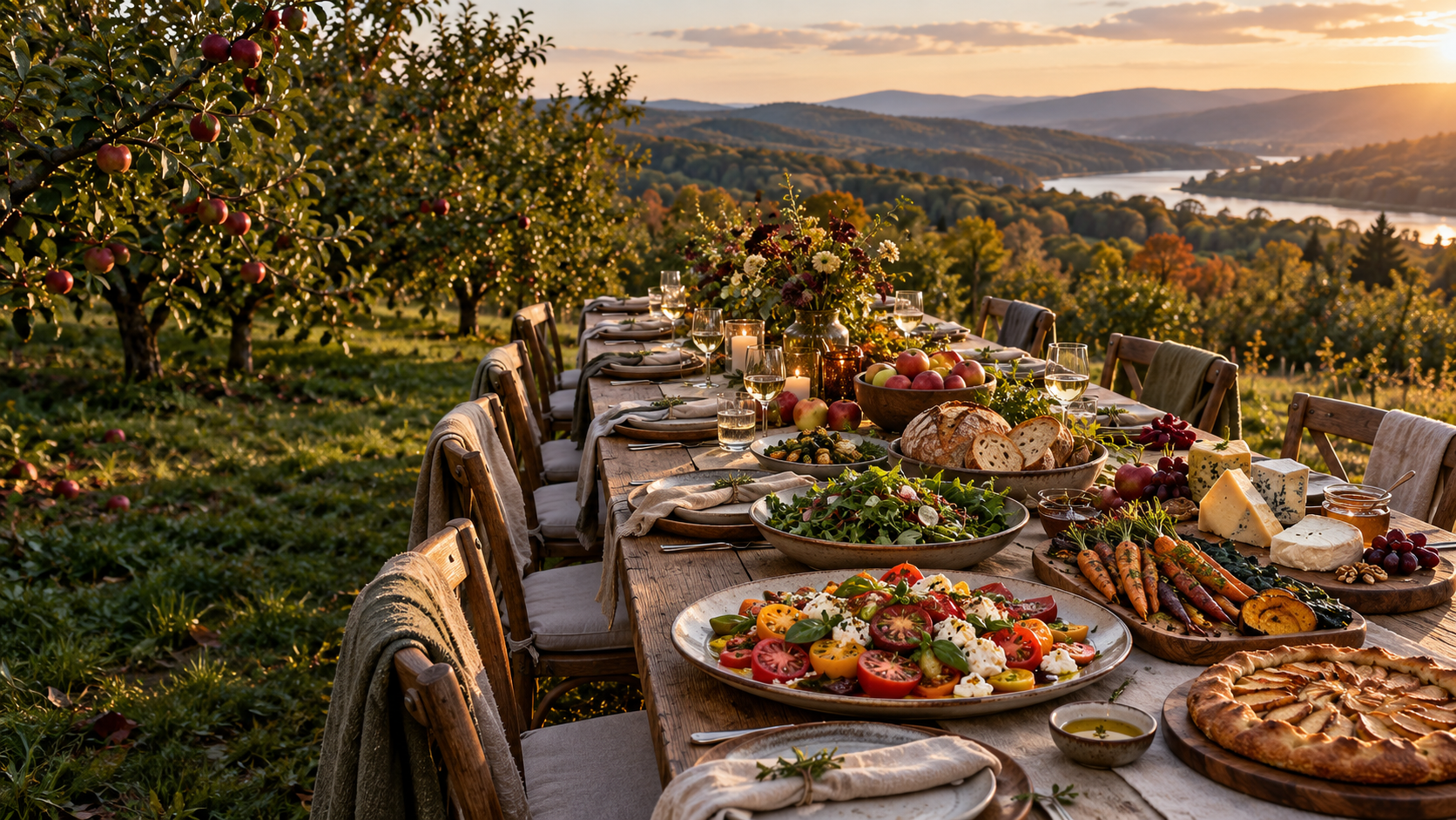 AI-created illustration of a long harvest table filled with seasonal dishes beside an orchard